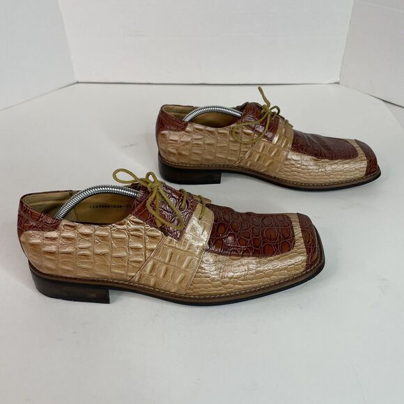 Zota Mens Alligator Oxford Shoes, Size 11, Tan/Brown, Square Toe, Leather 5038 - Picture 2 of 11